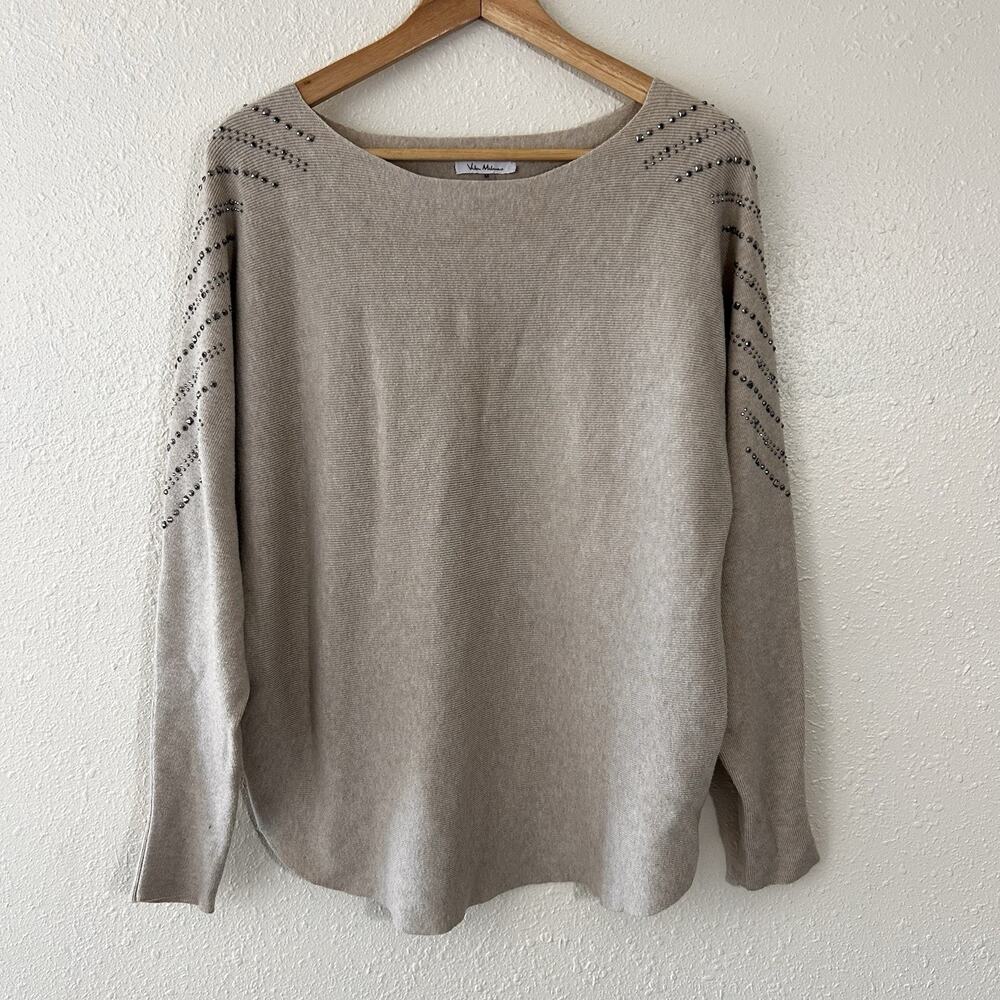 Vita Milano Womens Beige Studded Knit Pullover Sweater Boat Neck M Viscose Blend